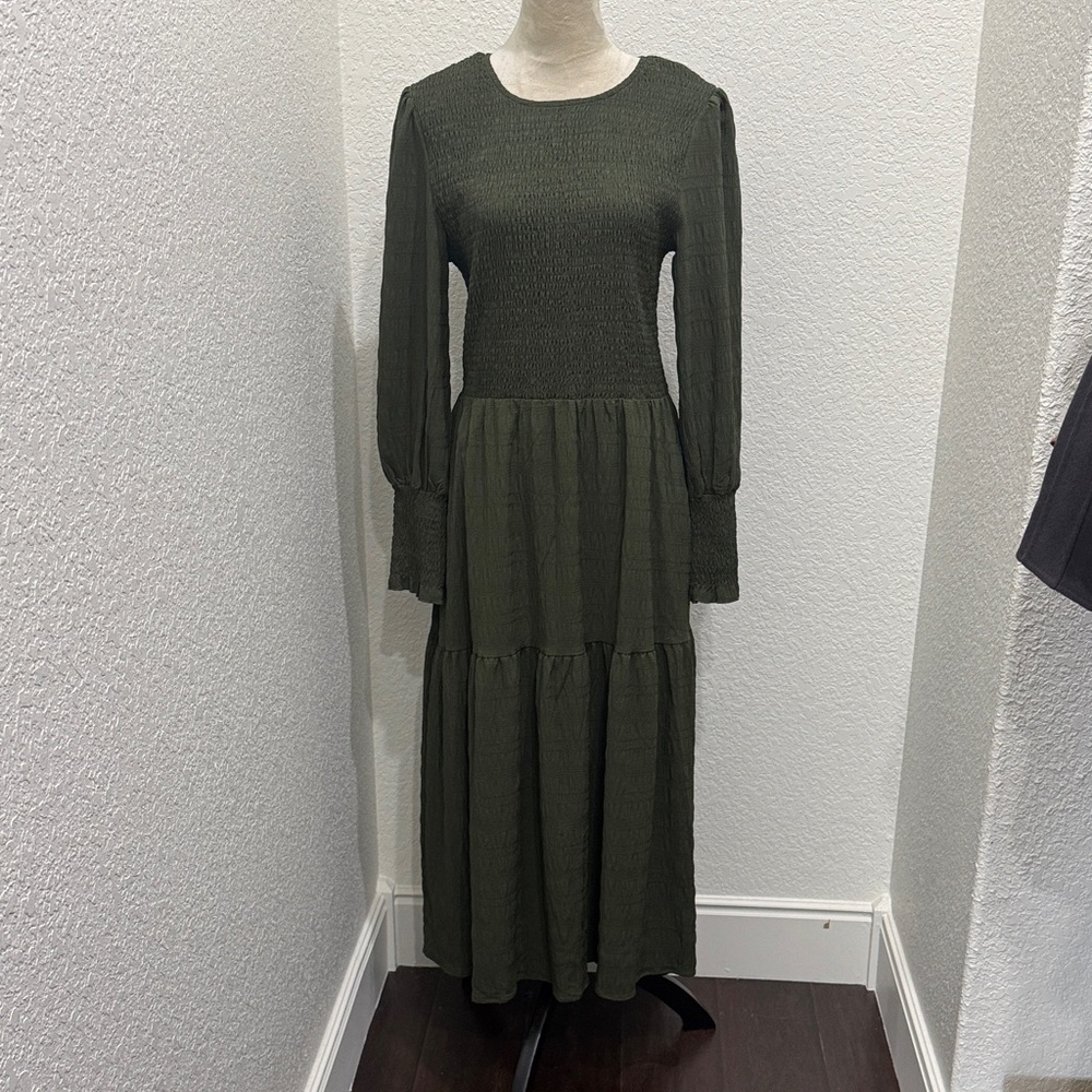 SHEIN Olive Green Smocked Waist Tiered Maxi Dress